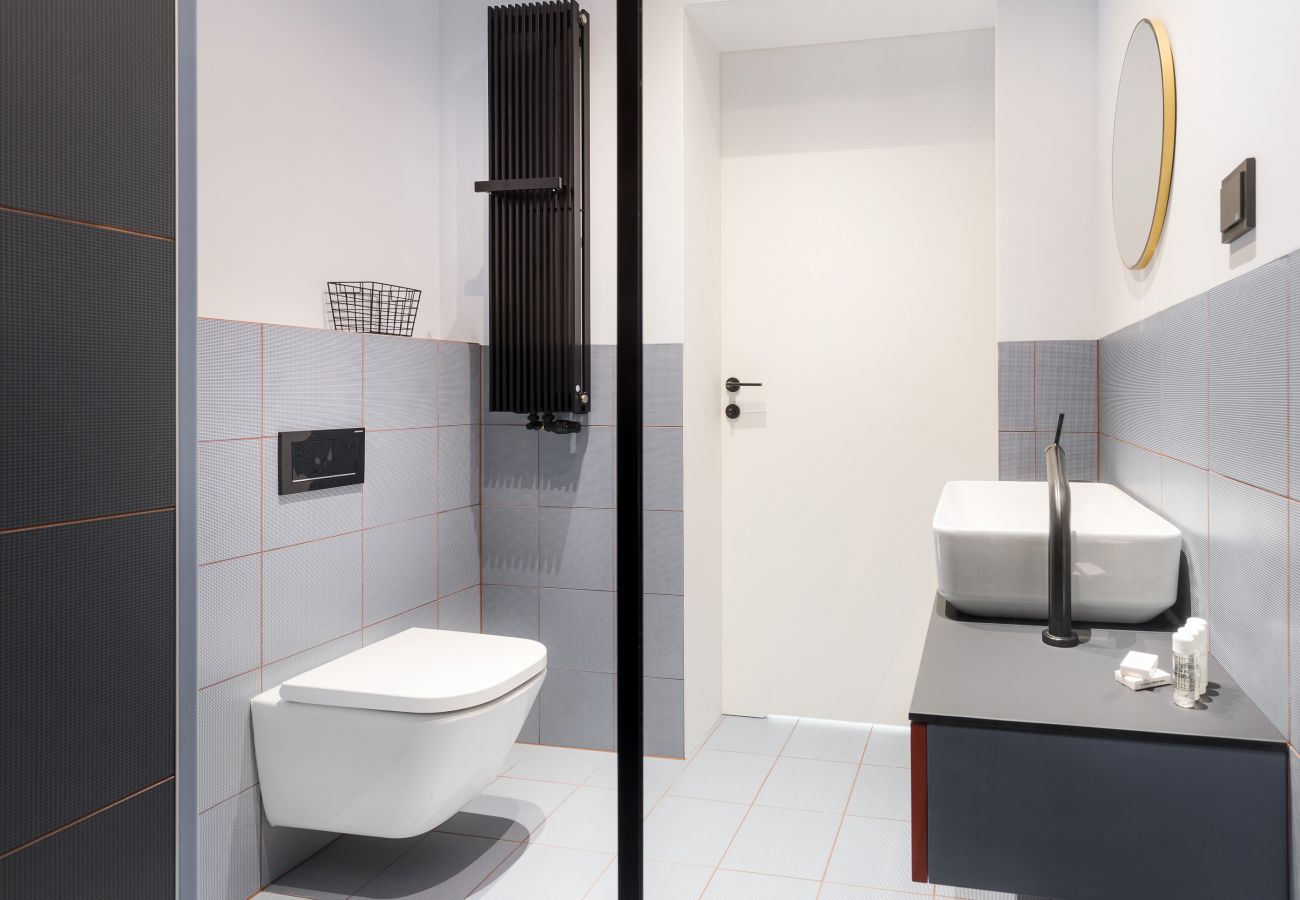 Bad, Dusche, Waschbecken, WC, Spiegel, Handtücher, Wohnung, Innenraum, Miete