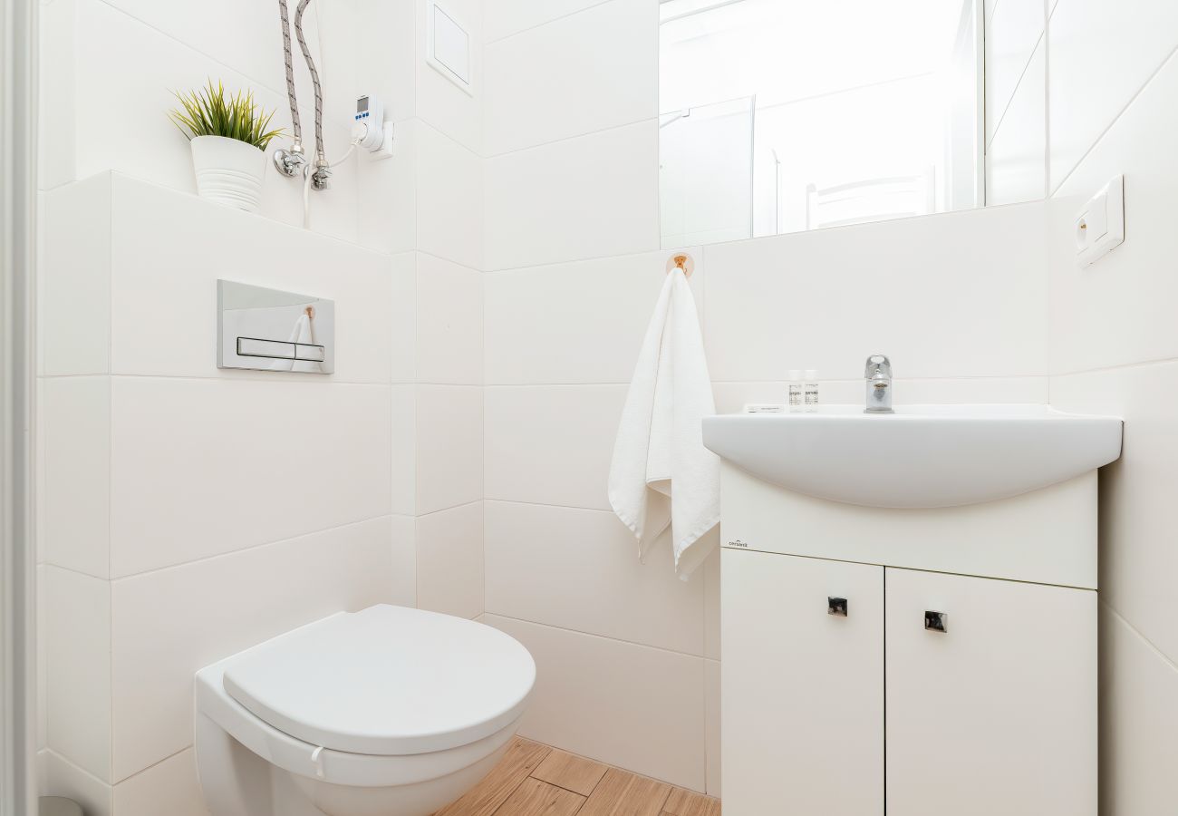 Bad, Dusche, Waschbecken, WC, Spiegel, Handtücher, Wohnung, Innenraum, Miete