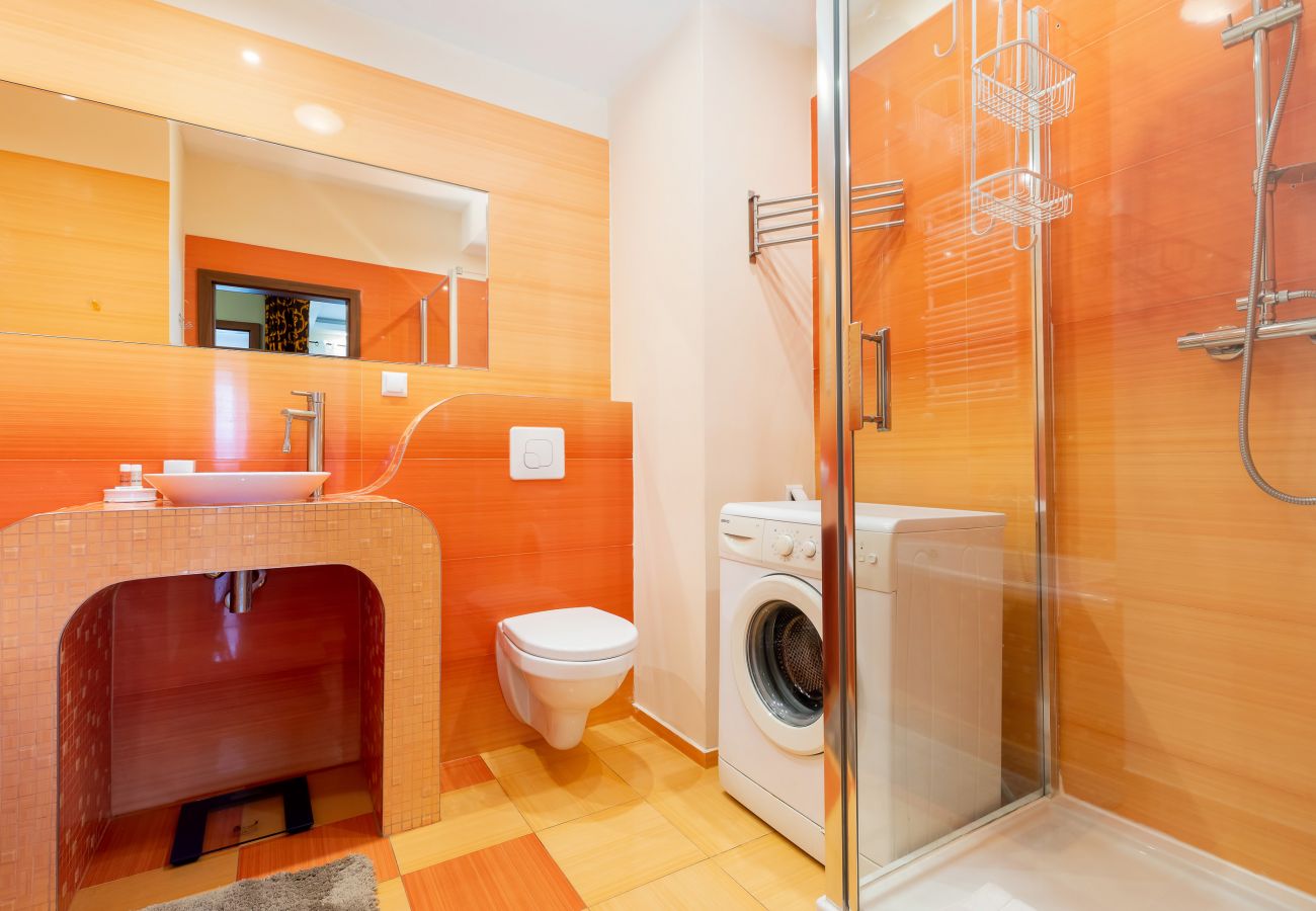 bathroom, shower, sink, bathtub, mirror, toilet, washing machine, apartment, interior, rent