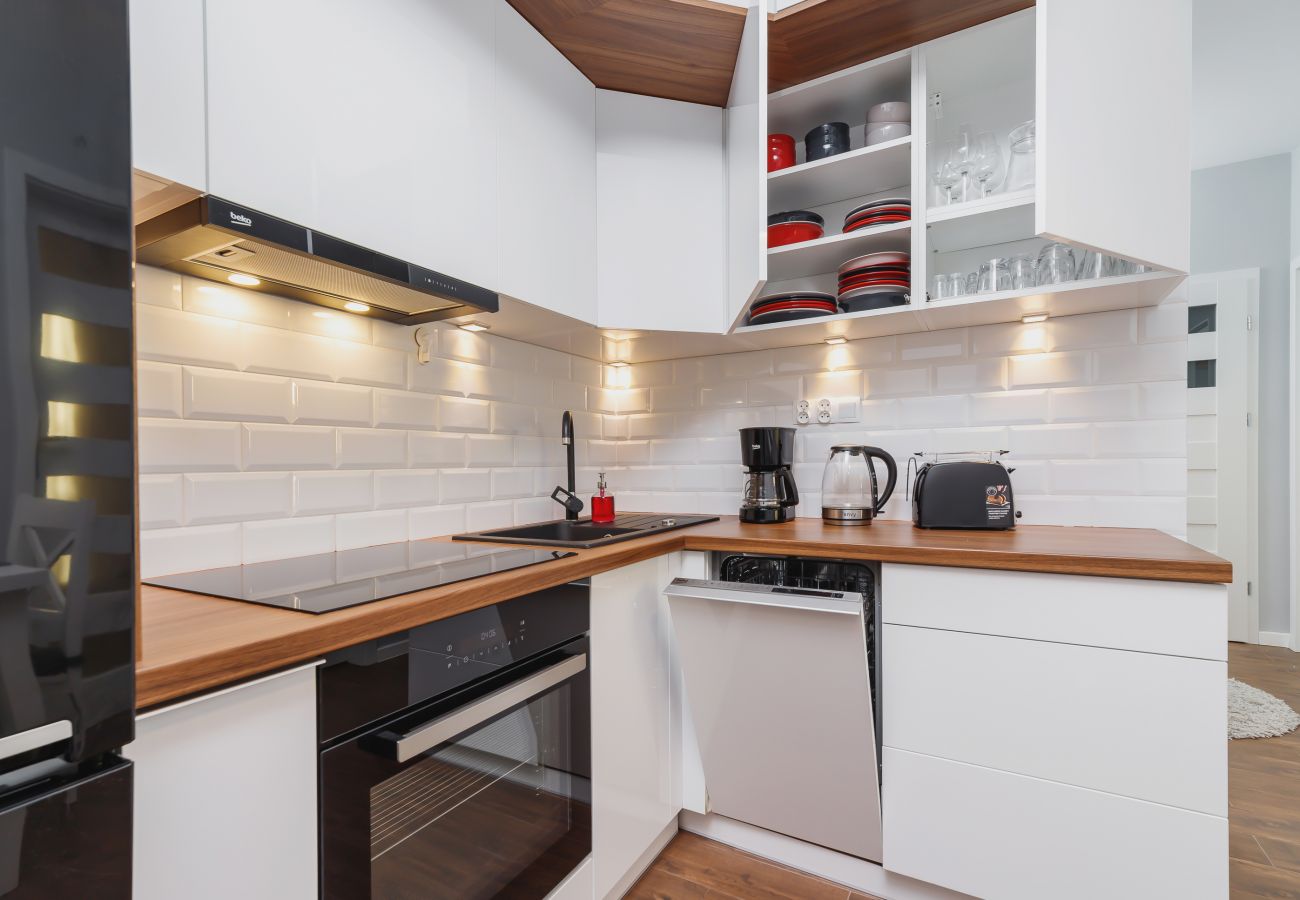 kitchen, kitchenette, stove, oven, fridge freezer, kettle, dishwasher, coffee maker, toaster, cupboards, dining area, dining table, chairs, apartment,