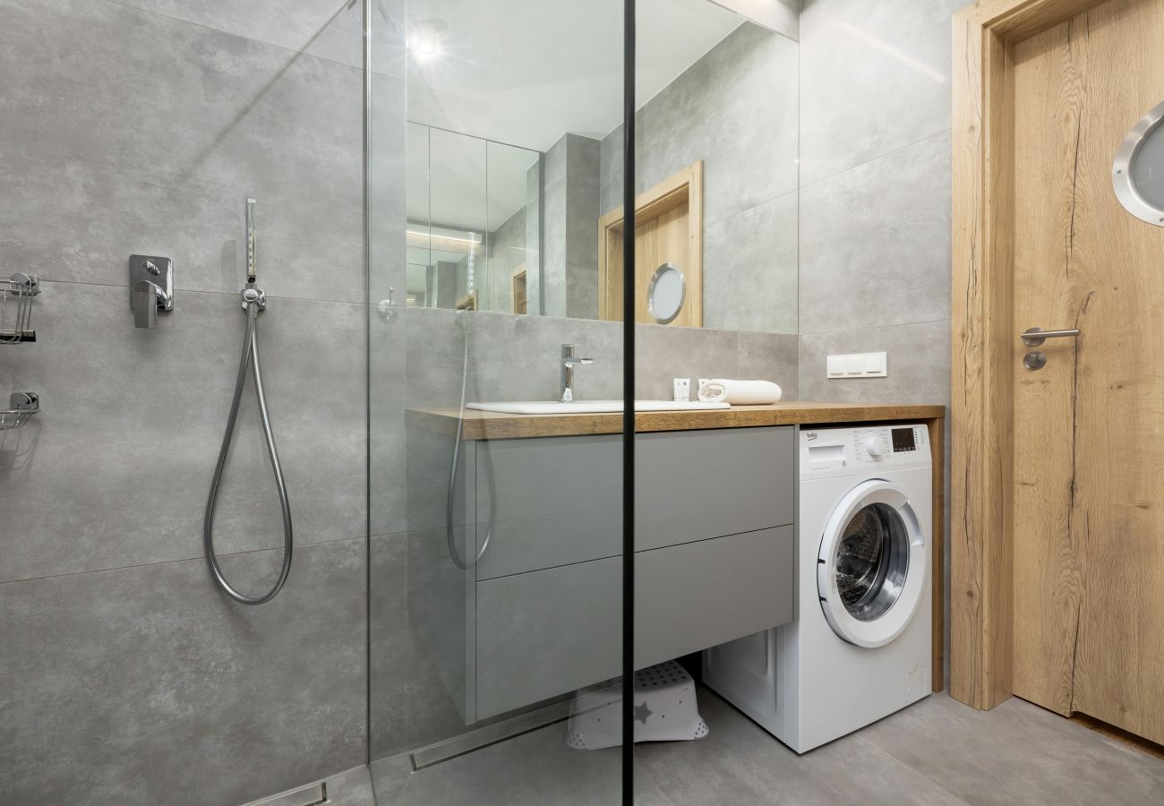 bathroom, shower, sink, toilet, mirror, washing machine, towels, apartment, interior, rent