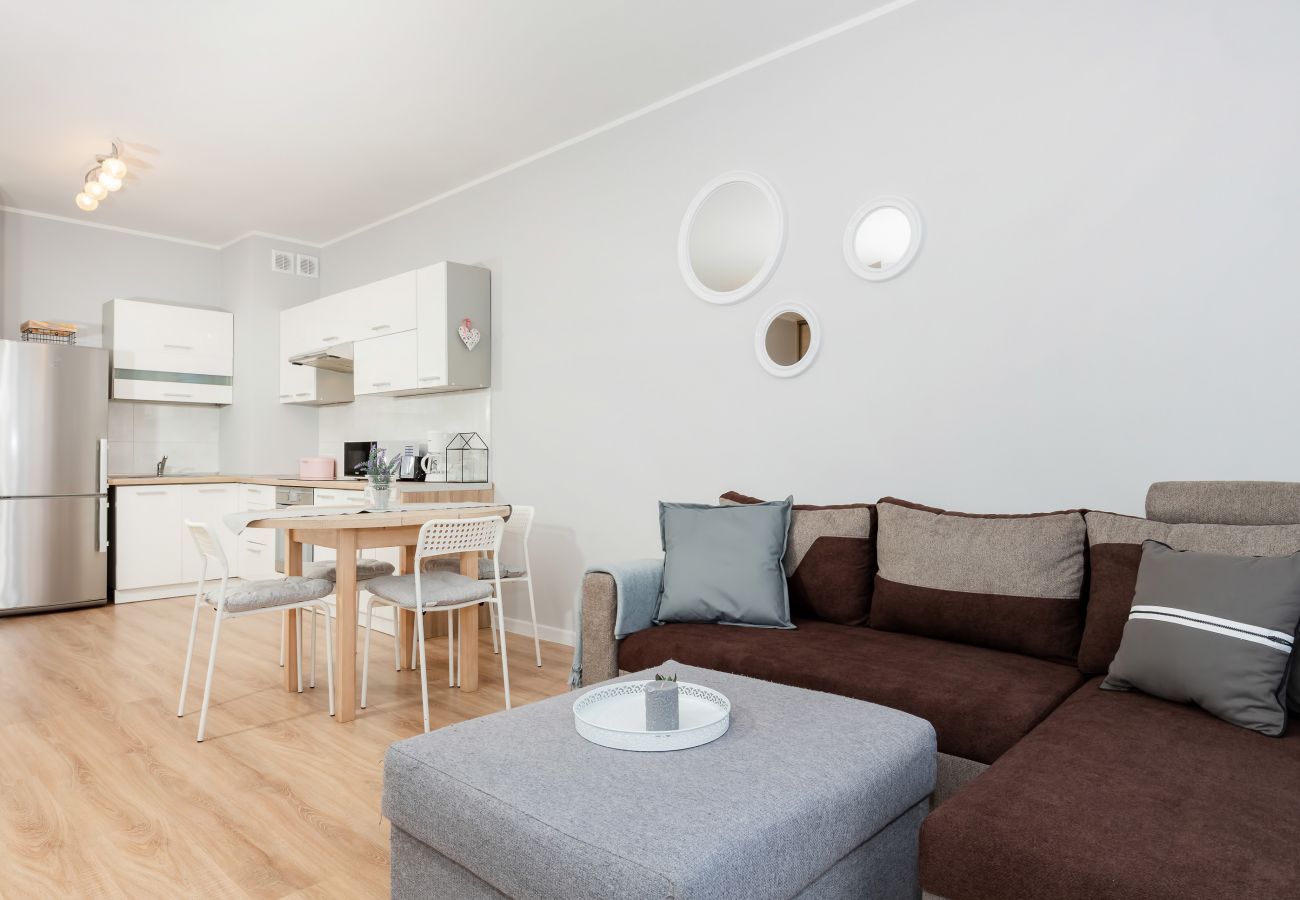 salon, jadalnia, stół, krzesła, aneks kuchenny, sofa, stolik kawowy, telewizor, apartament, wnętrze, wynajem