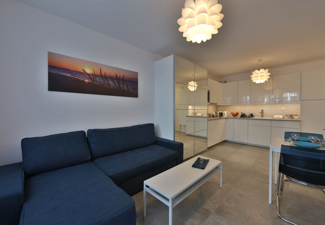 salon, szafa, lustro, jadalnia, stół, krzesła, sofa, stolik, telewizor, aneks kuchenny, apartament, wnętrze, wynajem