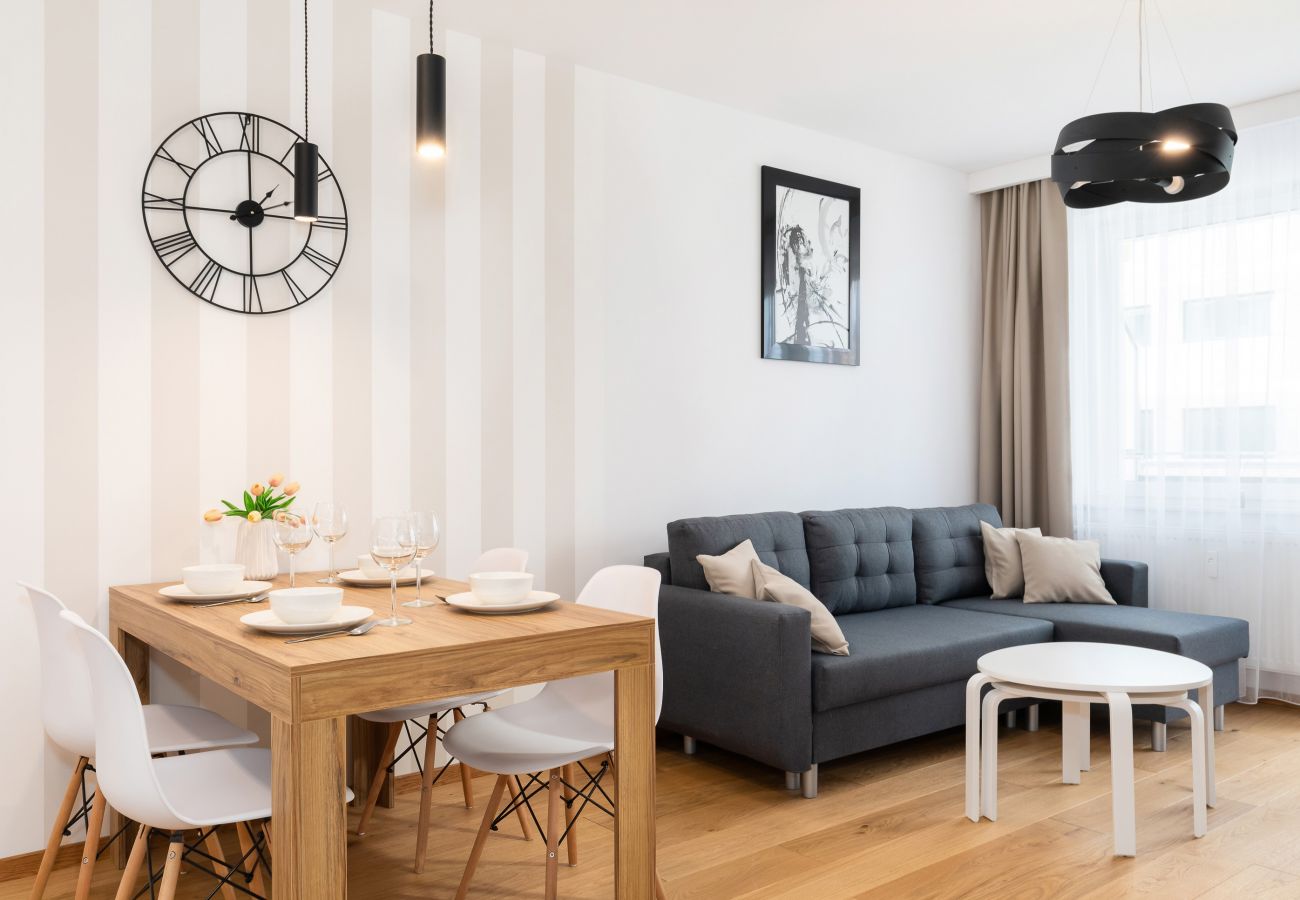 salon, sofa, stolik kawowy, telewizor, jadalnia, stół, krzesła, aneks kuchenny, apartament, wnętrze, wynajem