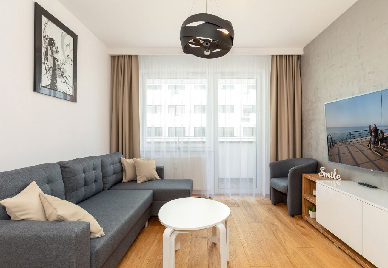 salon, sofa, stolik kawowy, telewizor, jadalnia, stół, krzesła, aneks kuchenny, apartament, wnętrze, wynajem