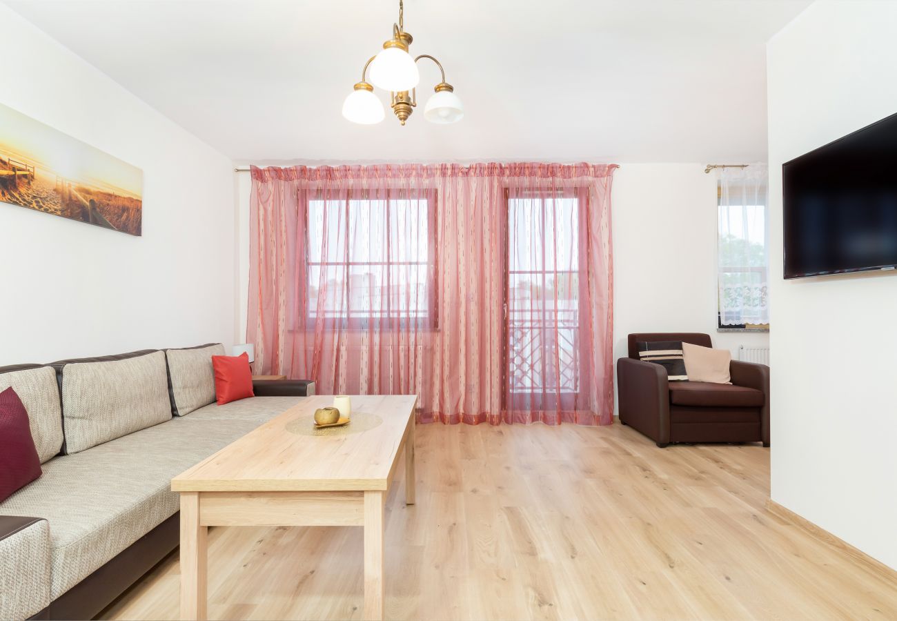 salon, sofa, stolik kawowy, telewizor, szafa, lustro, jadalnia, stół, krzesła, aneks kuchenny, studio-apartament, wnętrze, wynajem