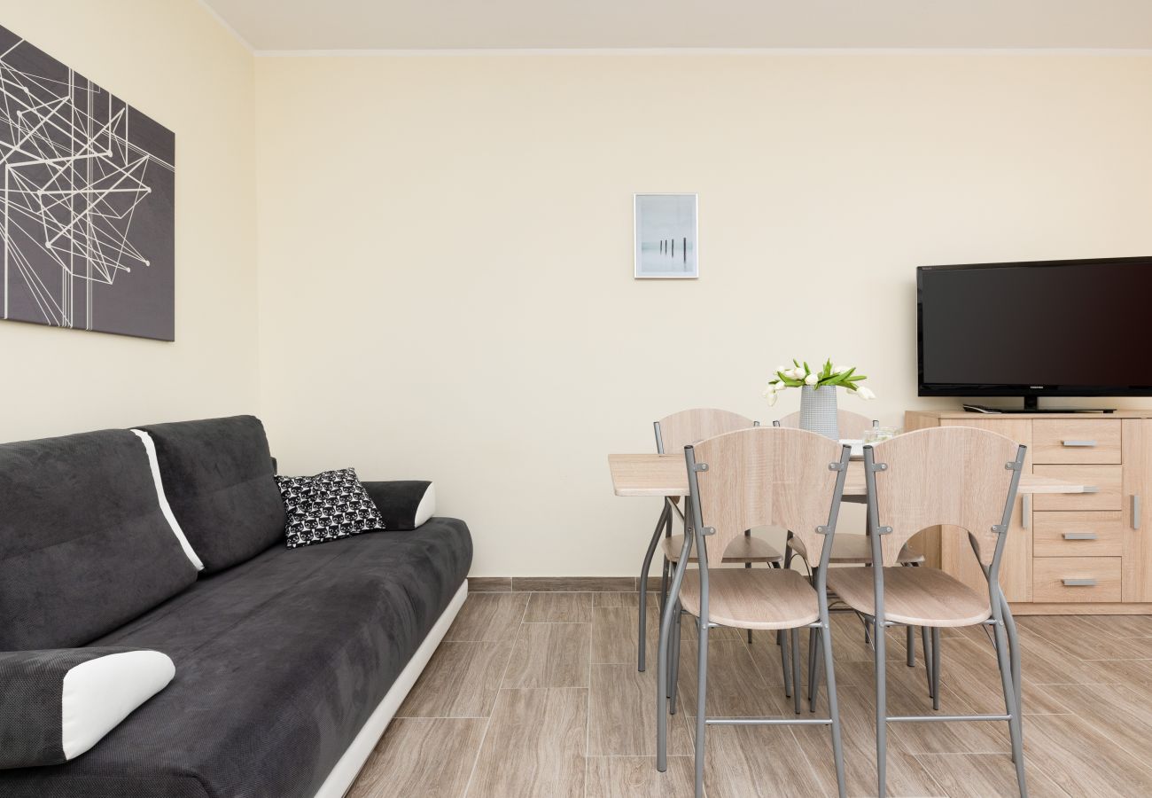 salon, sofa, jadalnia, stół, krzesła, telewizor, aneks kuchenny, apartament, wnętrze, wynajem