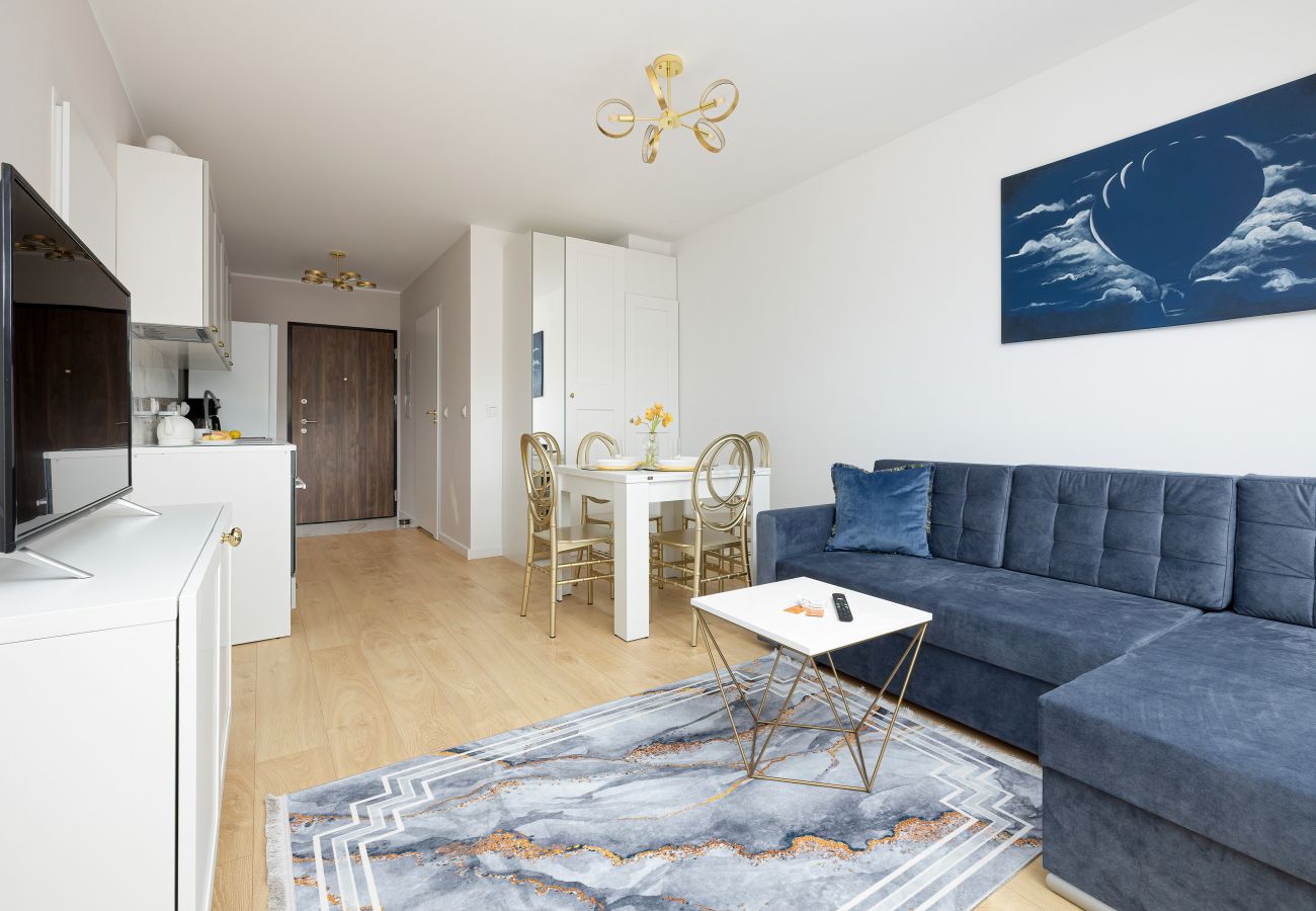 apartament, wynajem, salon, sofa, stół, aneks kuchenny