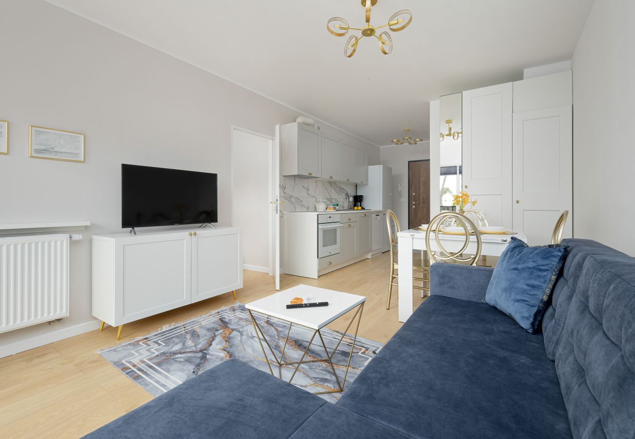 apartament, wynajem, salon, sofa, stół, aneks kuchenny